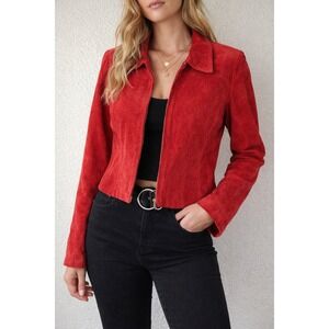 Yvonne Marie Red Suede Leather Jacket Womens Size 12 Full Zip Collared Lined